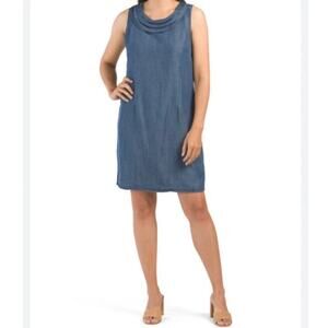 Lina Tomei Tencel Shift Dress Midi Blue Denim Size M Italy Cowl Neck Minimalist